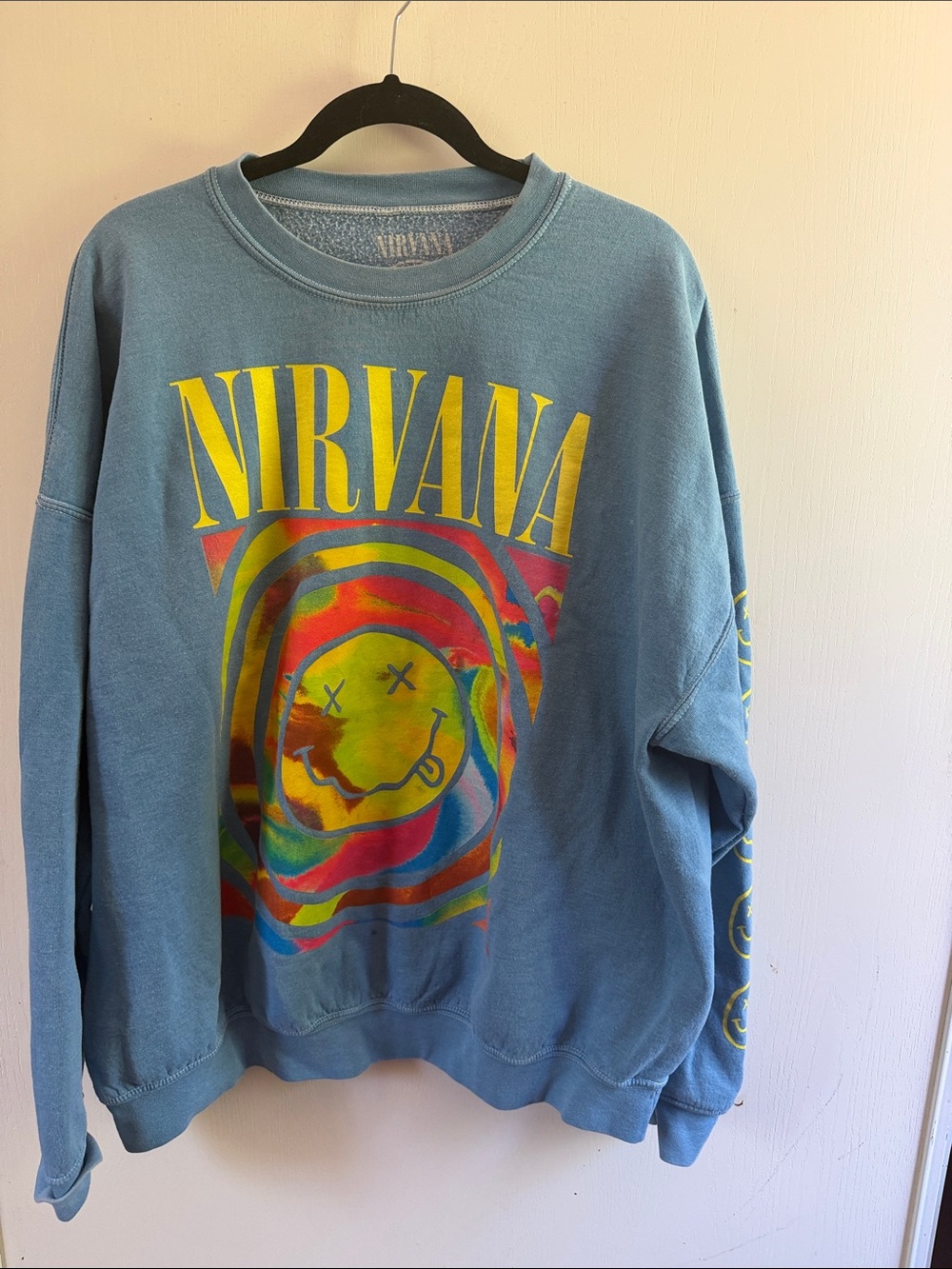 NIRVANA Blue Crewneck with Yellow Logo and Multicolor Smiley